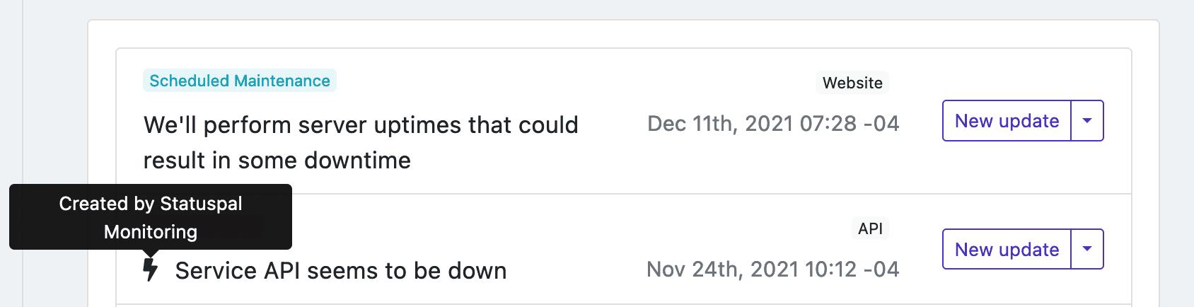 Status page uptime calendar