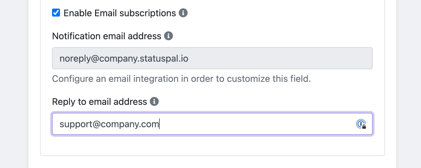 Status page incident notification reply-to email setting