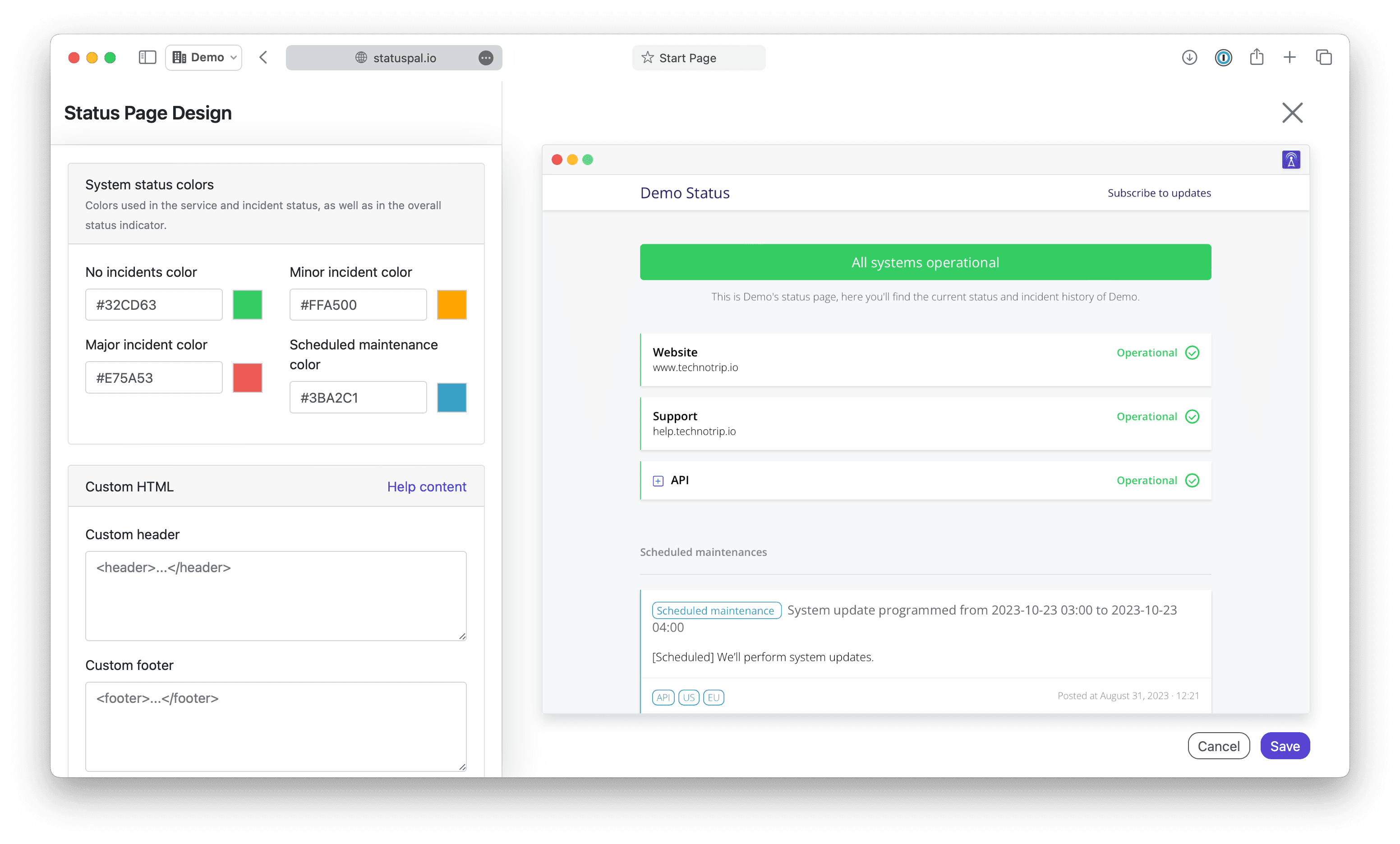 Design live preview for status page design