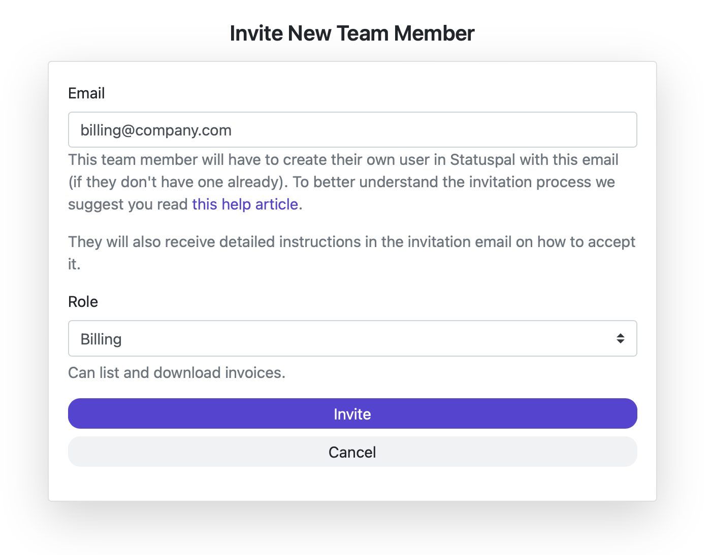 Status page billing team member role