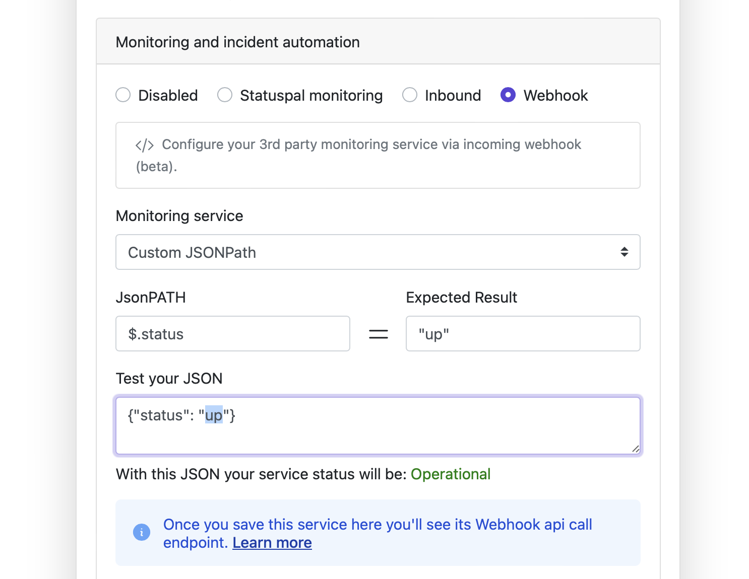 Status page incident automation with incoming generic webhook