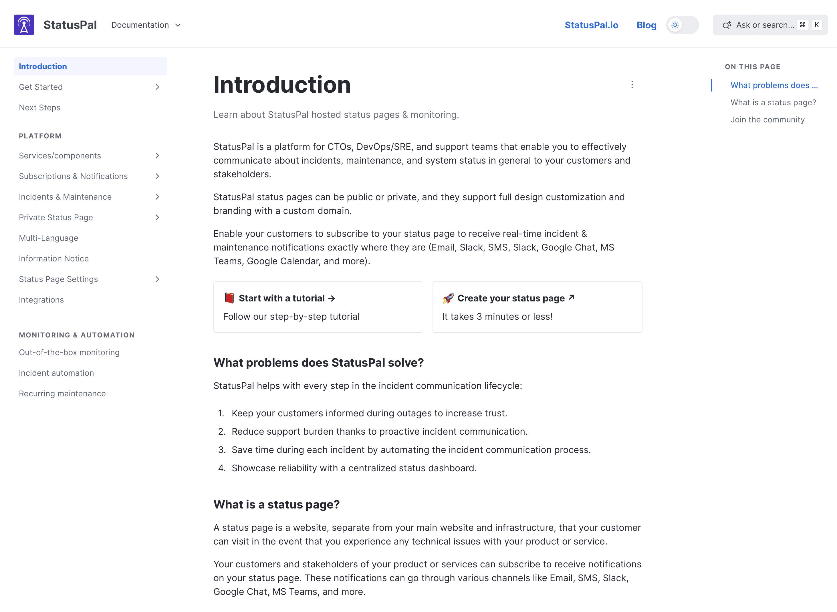 StatusPal status page new docs