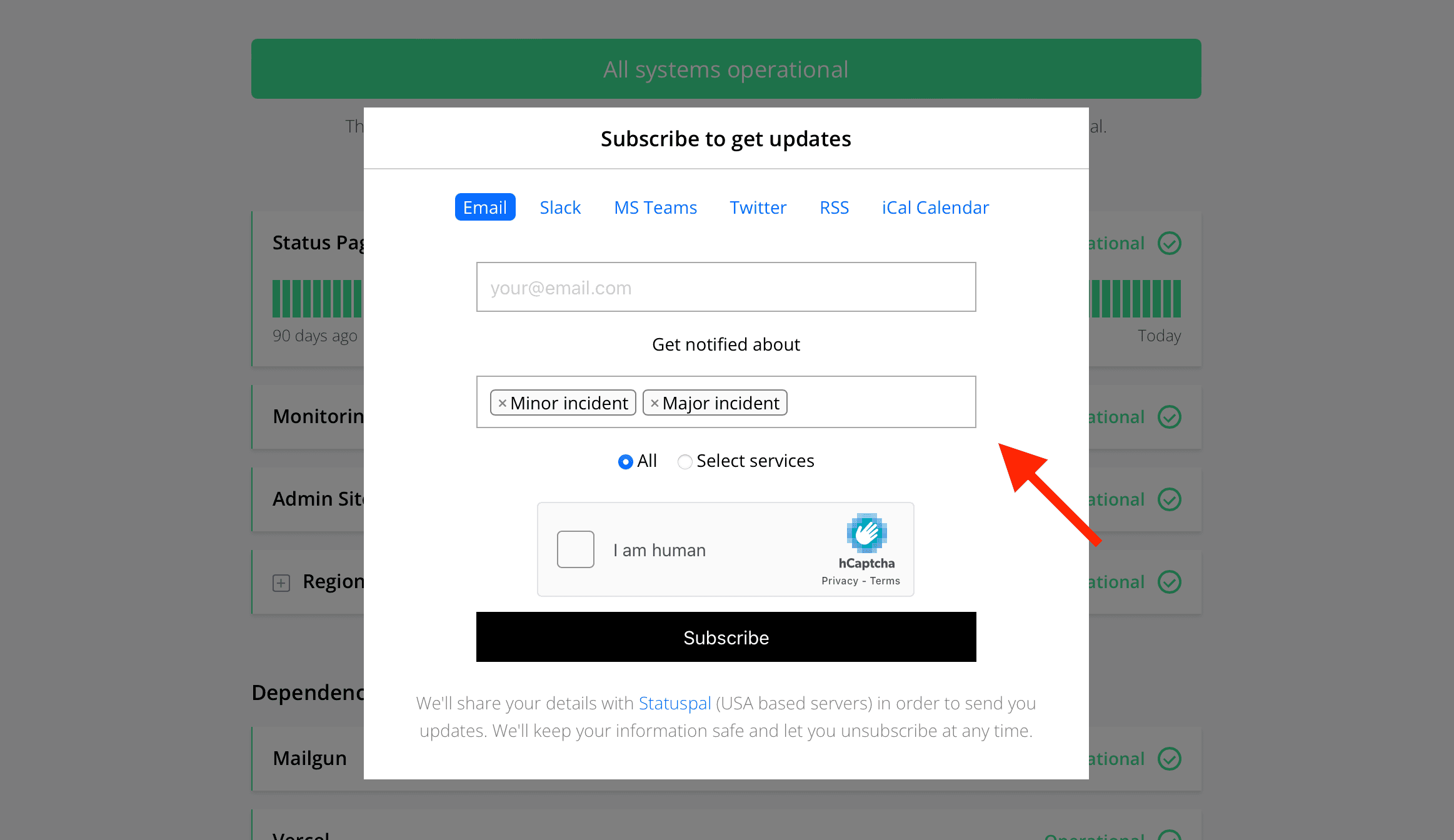 Status page subscription notification filter by incident type/severity