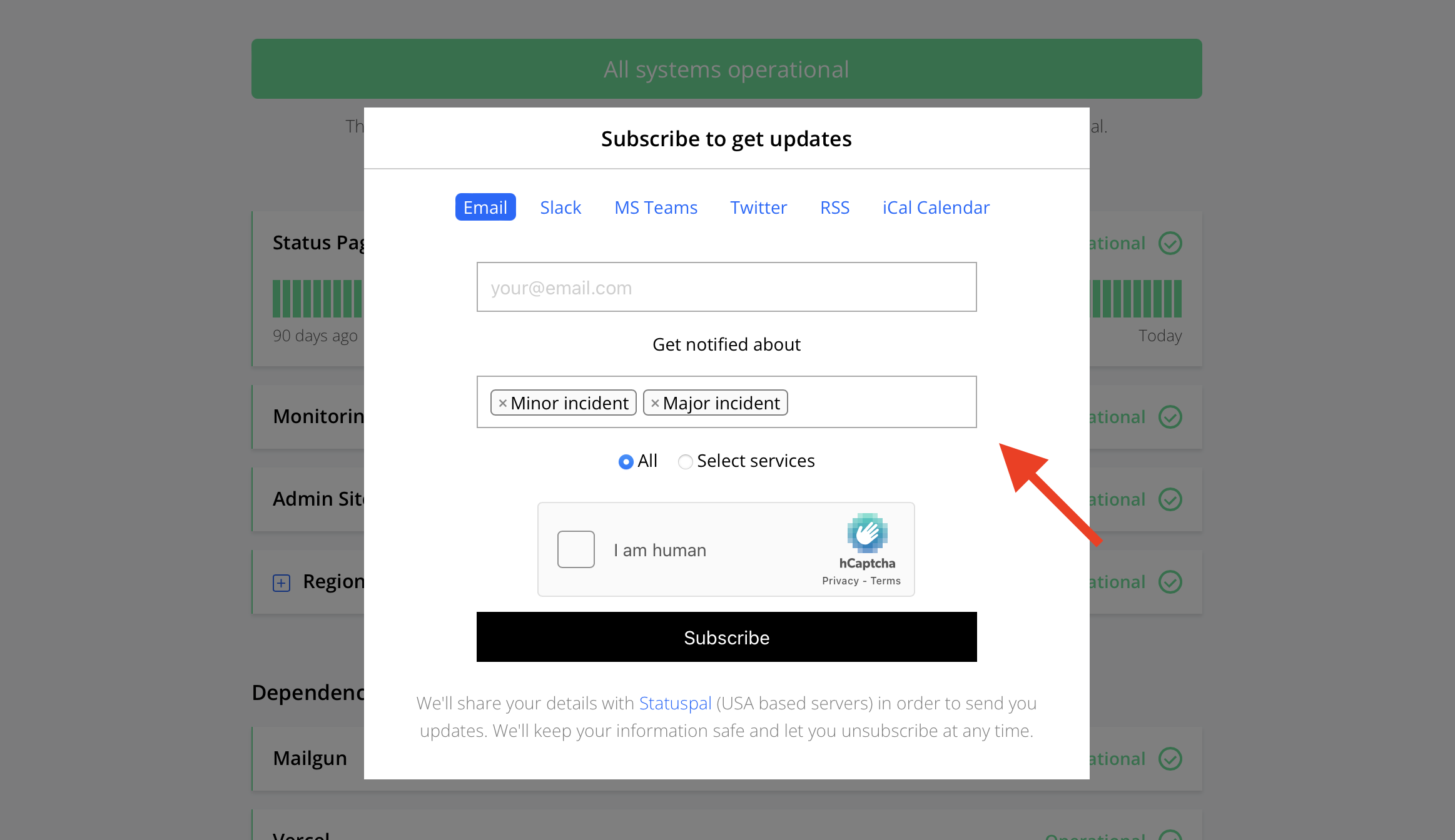 Status page subscription notification filter by incident type/severity