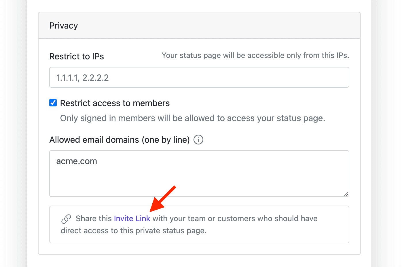 private status page invite link