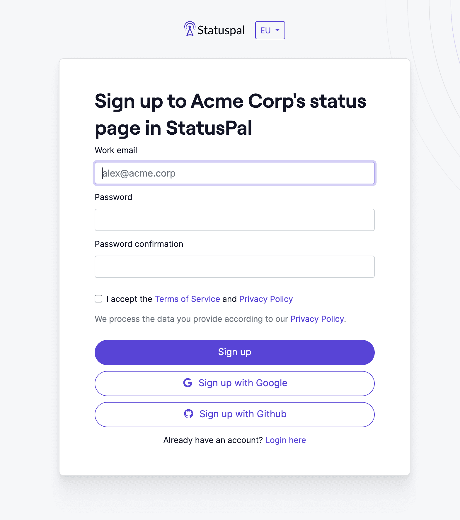 status page registration page