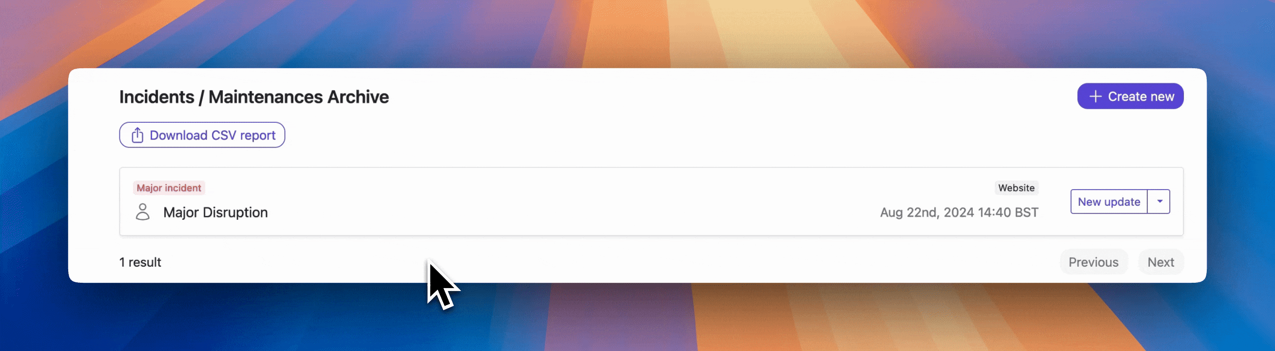 status page incidents export csv report