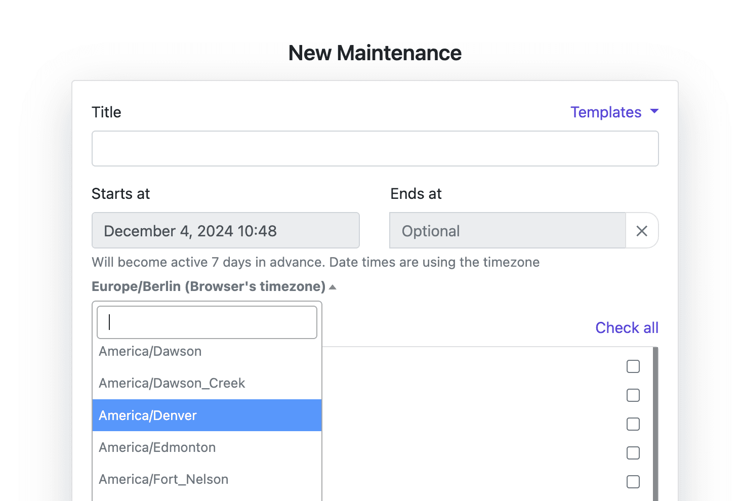 status page timezone maintenance