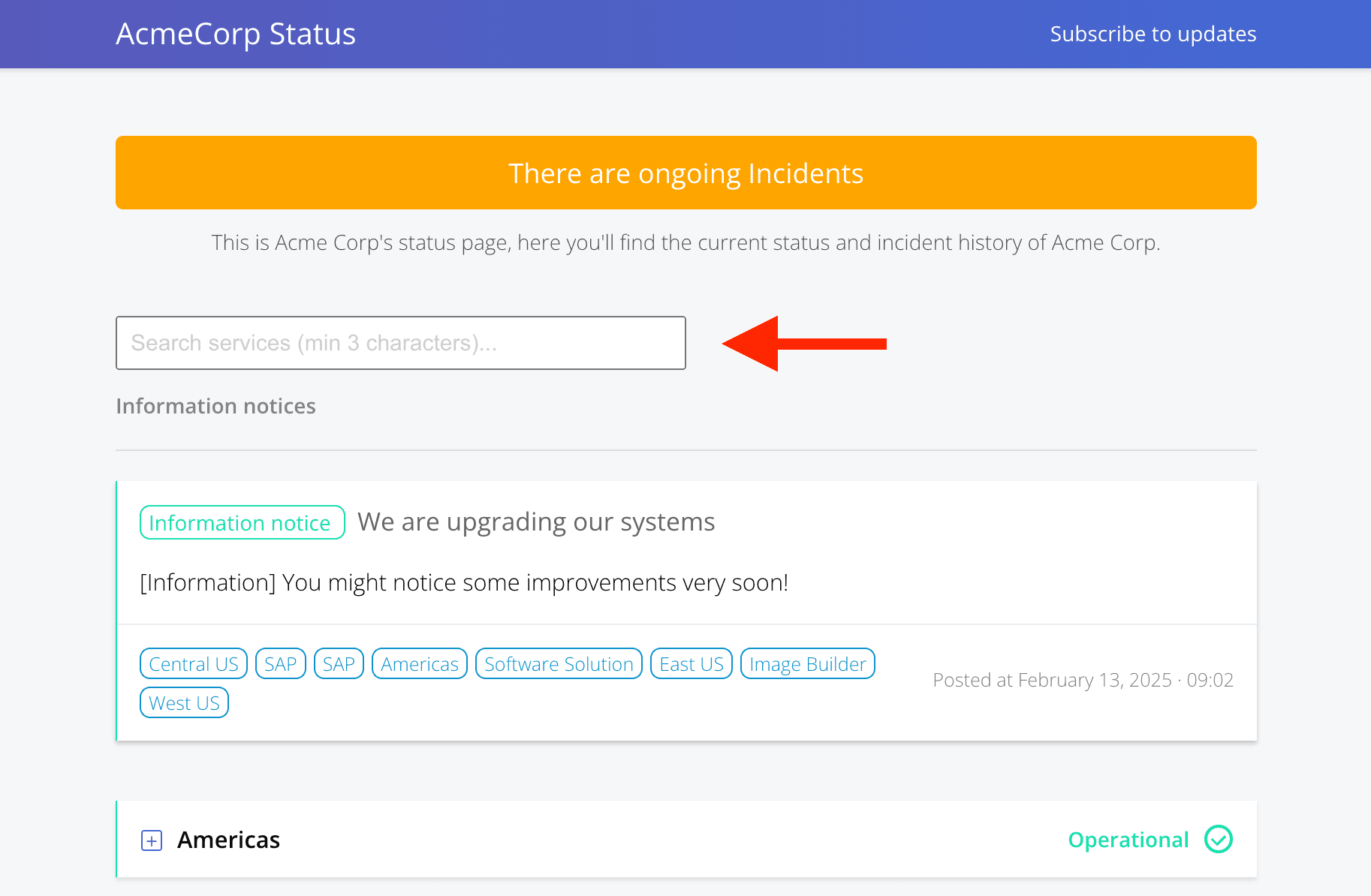 status page incidents services filter
