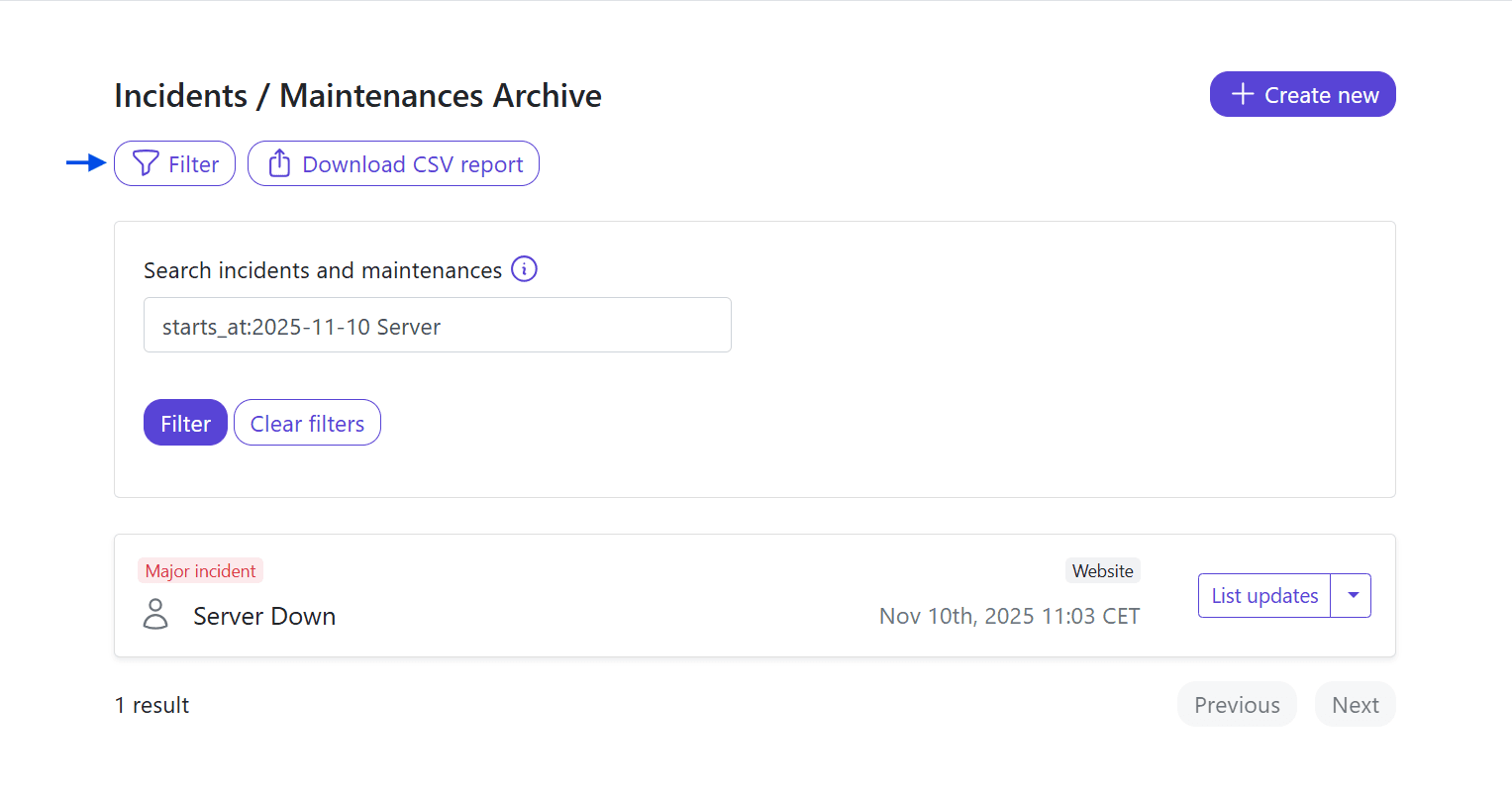 admin incidents maintenance filtering
