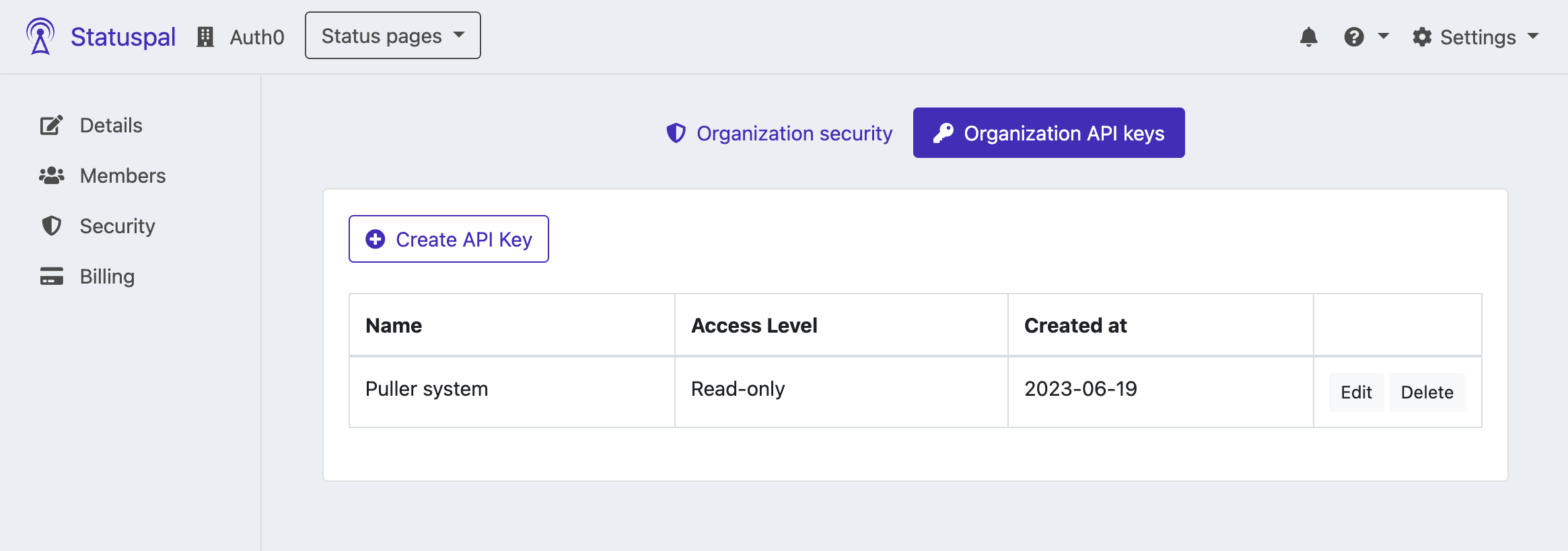 Organization-level API keys for your status page
