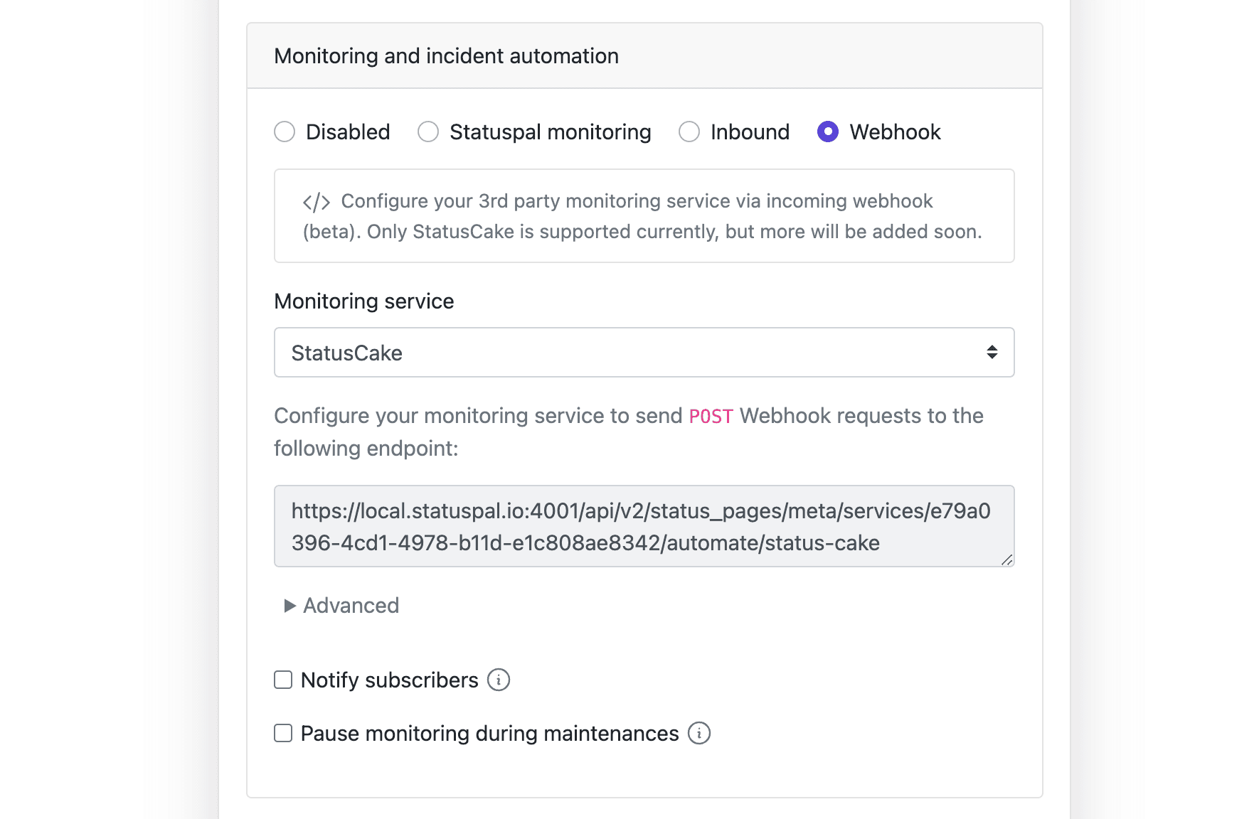 status page incident automation via webhook