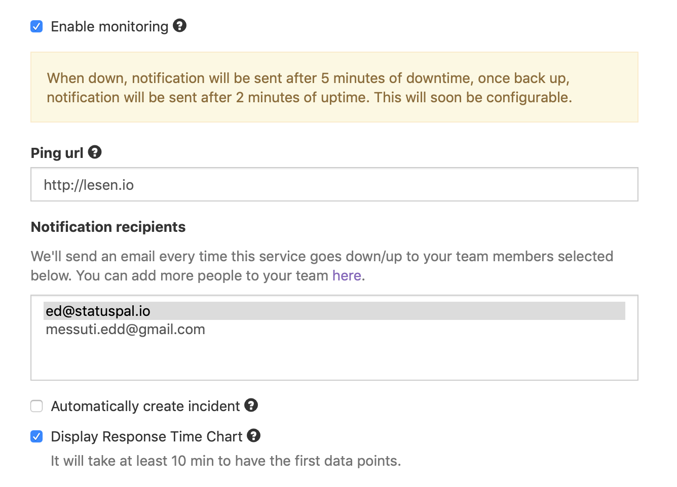 Status page Monitored Service Alerts Recipients
