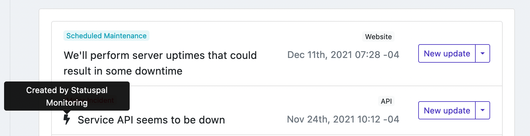 Status page uptime calendar